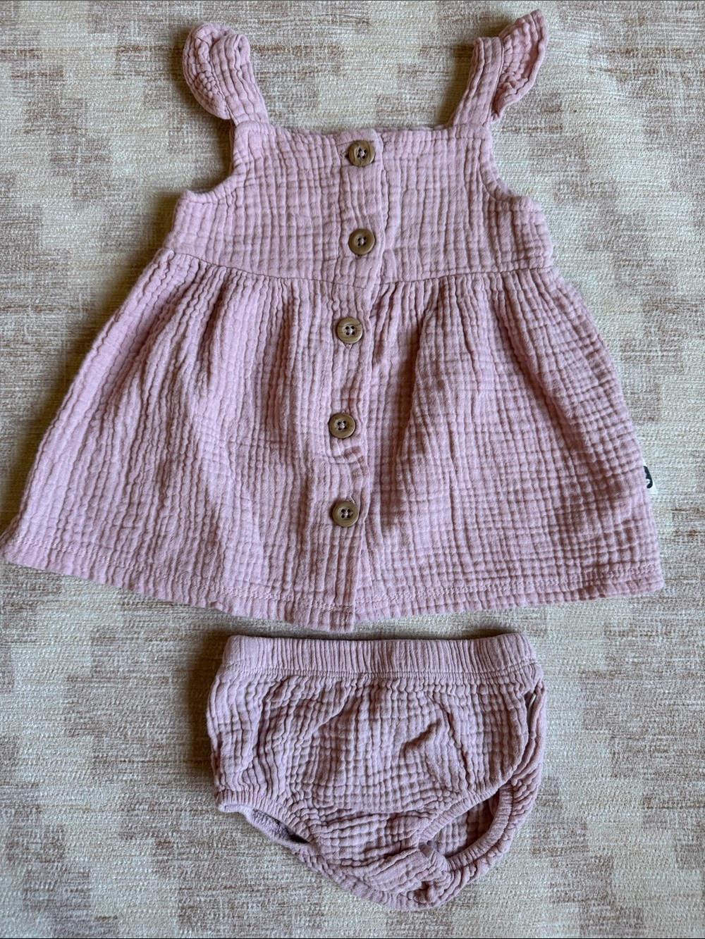 Organic Cotton Pink Muslin Button-Front Baby Dress with Matching Bloomers 6-9M